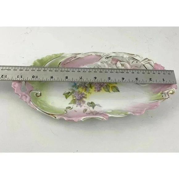 VTG Pink Green Porcelain Celery Dish Cut Out Handles Gold Accent Estate Find - Picture 4 of 14